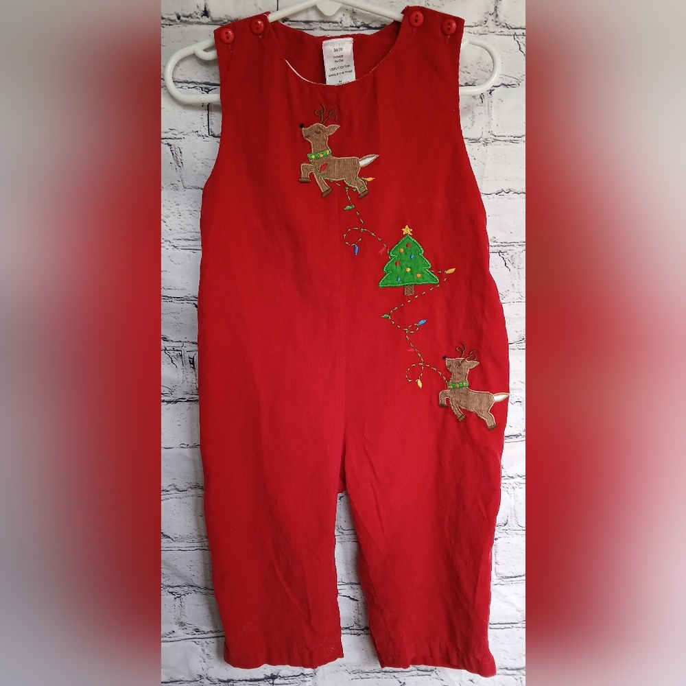 Red Holiday Romper with Reindeer and Tree Embroidery